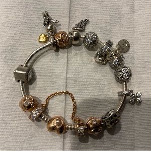 Pandora Bracelet with Silver and Rose Gold Charms - Size 7.5